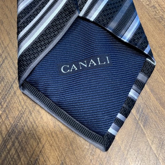 CANALI Black Grey Silver Striped Silk Neck Tie - Picture 4 of 5